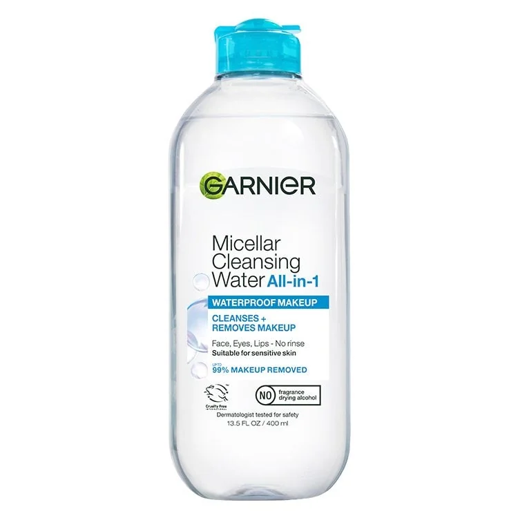 Garnier SkinActive Micellar Cleansing Water All-in-1 Waterproof Makeup Remover — 13.5 fl oz / 400 mL; blue-cap waterproof version; UPC 603084454693
