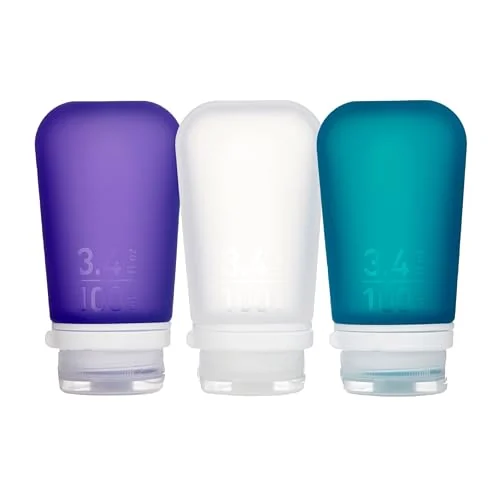 humangear GoToob+ Large travel bottles, three-pack — 3.4 fl oz / 100 mL each; Clear / Purple / Teal