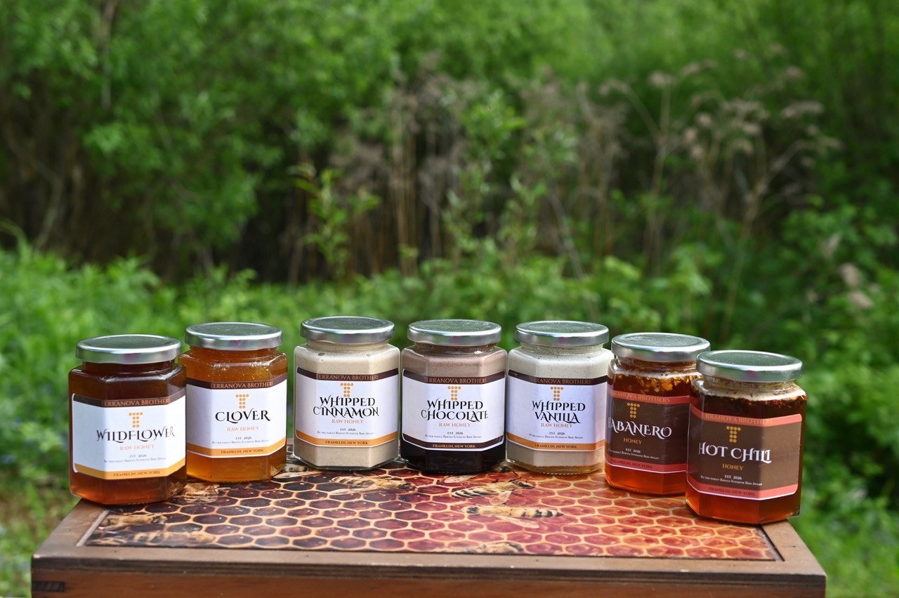 Jars of honey made by Sunshine Bees Apiary, arranged outdoors